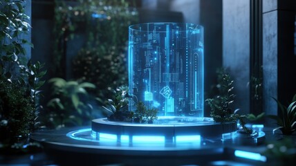 A glowing holographic interface stands in a lush, futuristic garden, blending advanced technology with natural greenery.