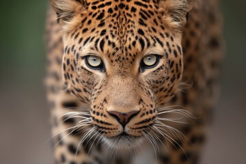 Naklejka premium Leopard looking slightly to the right with focused intense eyes and strong facial structure visible against defocused natural brown background in wild predator portrait
