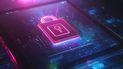 A glowing padlock icon on a digital screen symbolizes cybersecurity and data protection in a futuristic, neon-lit environment.