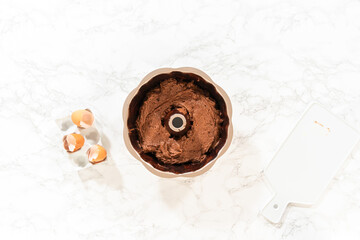 Batter to Pan - Chocolate Bundt Cake Preparation