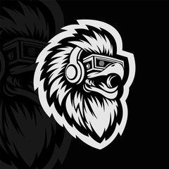 Eagle with headset, mascot esport logo design, black white
