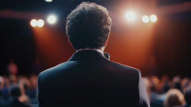 A performer with a microphone on stage receiving an ovation from the audience.