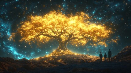 Naklejka premium Fantastic Frontiers explorers witnessing massive neon mint tree growing from the crater of a newly found planet surreal symbolism and wonder