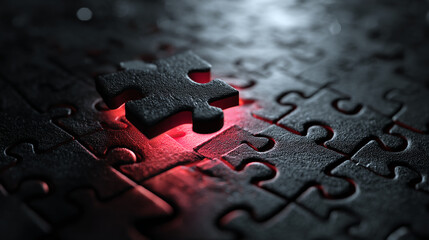 Close-up of black puzzle piece, textured surface, fitting into almost complete jigsaw, red light underneath, symbolizing solution, completion, problem-solving