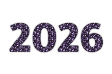 Sparkling purple pattern year 2026, showcasing glittering numbers on a clean white backdrop