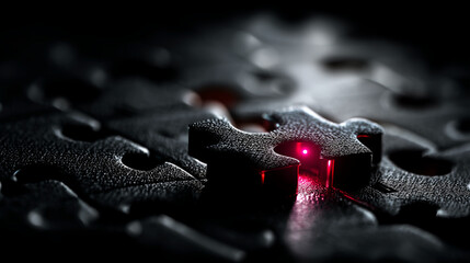 Close-up of a black textured puzzle piece, glowing red from within, set against a background of similar pieces, symbolizing solution, connection, and completion