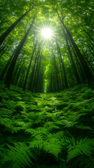 Fototapeta premium Sunburst above a vibrant forest floor of green ferns and tall trees stretching upwards to the sky