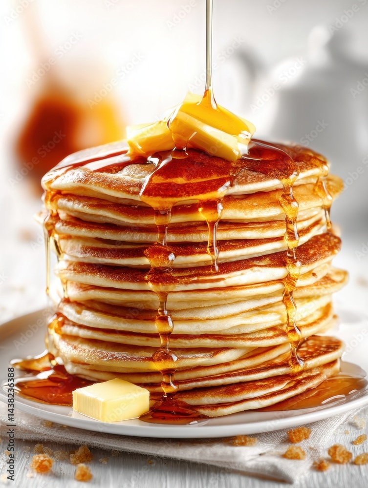 Poster Delicious Stack of Pancakes Drizzled With Syrup and Topped With Butter on a Simple White Background