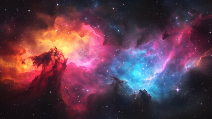 Fototapeta premium Vivid cosmic clouds swirling stars scatter within hues of red gold pink and blue in dark space