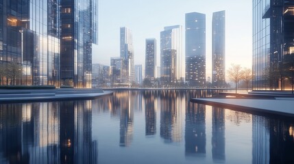 Naklejka premium Cityscape reflected in water with modern buildings and sky at dusk in a futuristic urban scene