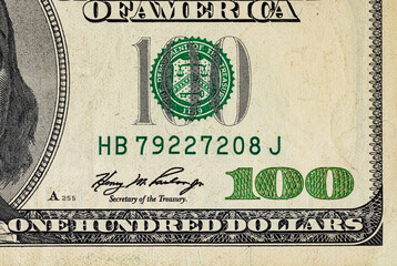 Fragment of a 100 dollar bill for design purposes. Money of the United States of America.