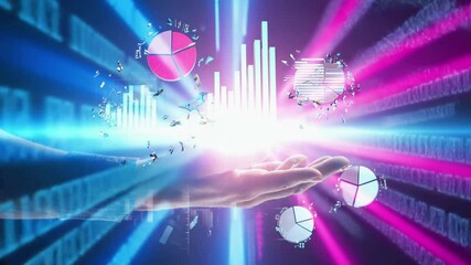Close-up hand interacting neon pink electric blue holographic pie charts 3D bar graphs, data strings scrolling, soft backlight hand contours, shallow, cinematic slow-mo