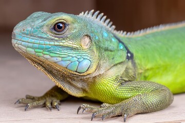 Obraz premium Turquoise lizard perched on pale rock with lime green body and distinct back ridge showing strong scale detail in soft natural light and reptile image composition