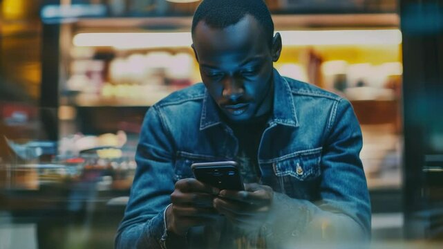 A young man looking at his cellphone while sitting down, perhaps in a caf&eacute; or restaurant. He appears to be deeply engrossed in whatever he's viewing on the screen.