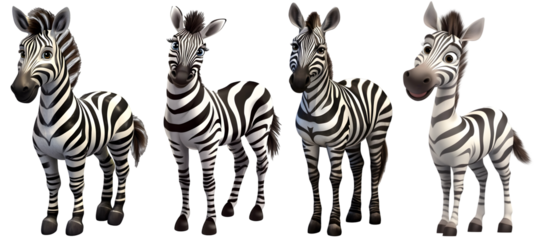 Set of group of cute baby zebras standing together adorable wildlife animals, isolated on transparent background, cut out

