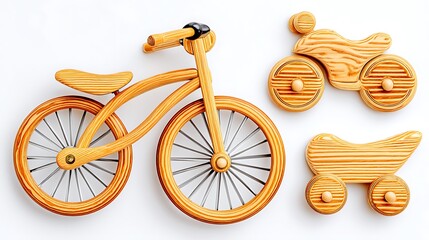 Wooden bicycle, motorcycle, & trailer on a white surface. Childlike, simple toys made of light wood