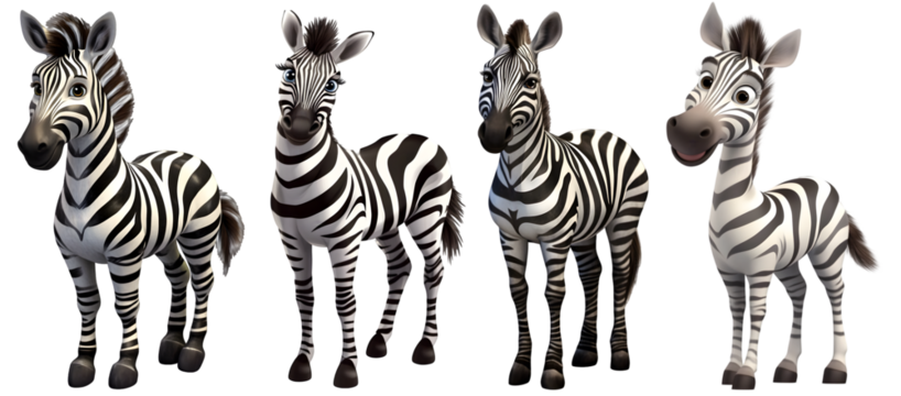 Set of group of cute baby zebras standing together adorable wildlife animals, isolated on transparent background, cut out

