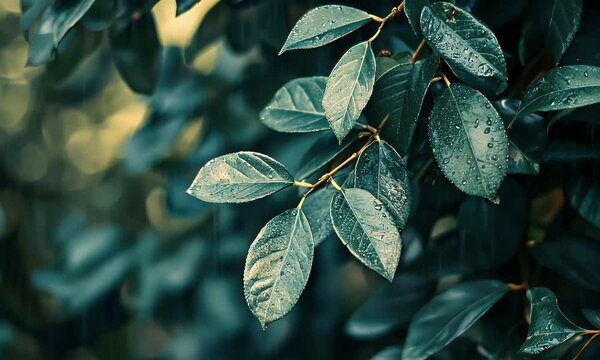 Lush Green Leaves Adorned with Sparkling Water Droplets after Rain Showcasing the Intricate Details of Nature in Green