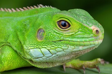 Naklejka premium Green iguana with textured scales sitting alert on rough bark surface captured in natural light with strong jungle ambiance in detailed reptile image portrait style