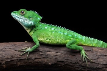 Obraz premium Bright green lizard perched on dark branch with speckled body pattern and sharp lighting across textured scales in vibrant rainforest wildlife image style