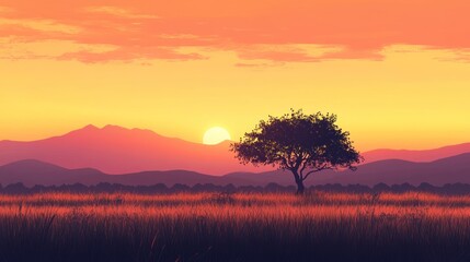 Naklejka premium Solitary Tree at Sunset in a Serene Landscape