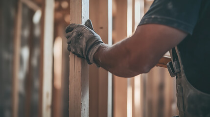 Construction Worker Installing Wooden Studs