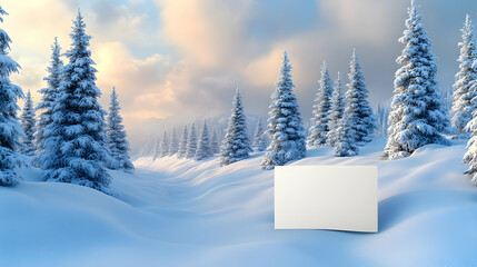 Fototapeta premium Snow-covered fir trees in a winter landscape with a blank white board in the foreground