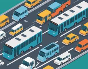 Isometric City Transportation Vector Illustration with Cars, Buses, and Trains for Urban Planning and Logistics Design.