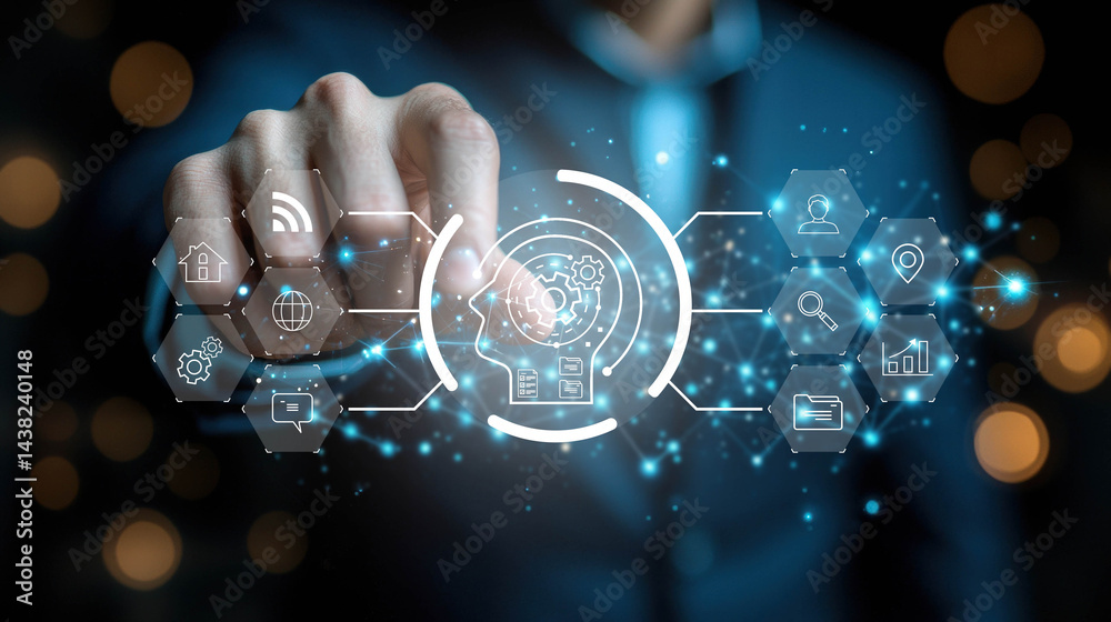 Poster person interacting with digital interface, showcasing global logistics and technology concepts. imag
