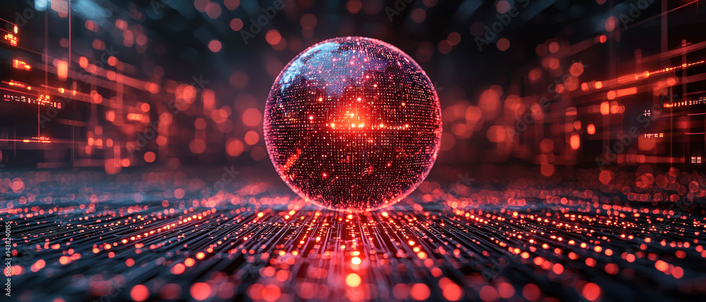 Poster glowing sphere representing global business network, surrounded by digital landscape filled with vib