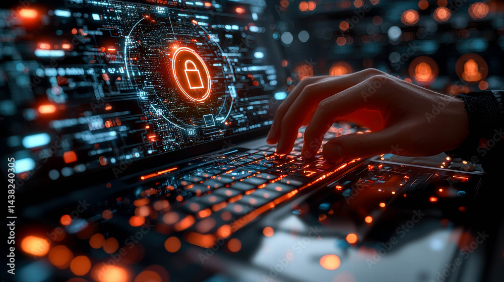 Aufkleber cyber security system showcasing hand typing on laptop with glowing elements and padlock symbol, emp