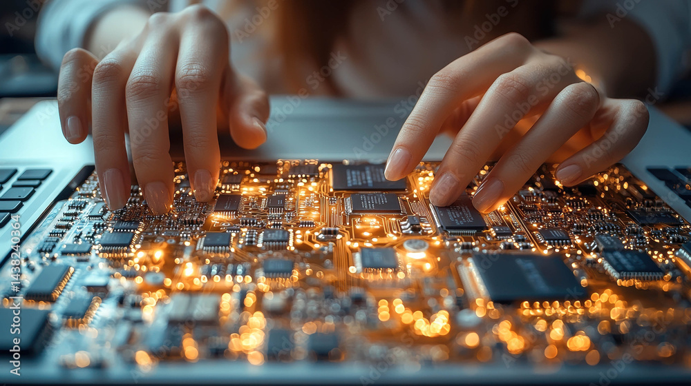 Leinwandbilder close up photo of hands working circuit board, showcasing intricate details of digital technology an