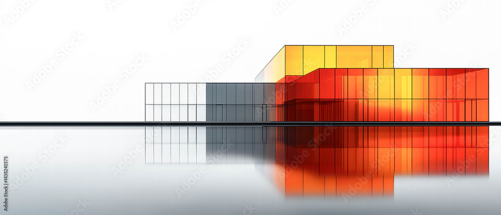Aufkleber Modern architectural design featuring minimalist structure with vibrant colors of red, orange, and yellow. building reflects beautifully on water surface, creating striking visual effect