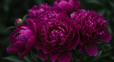 Deep magenta peonies close-up blooms, floral photography perfect for romantic designs, wedding invitations, and social media