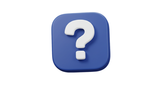 3D blue square icon with white question mark isolated on white background, ideal for help center visuals, FAQ sections, support icons, and information-based application interface elements