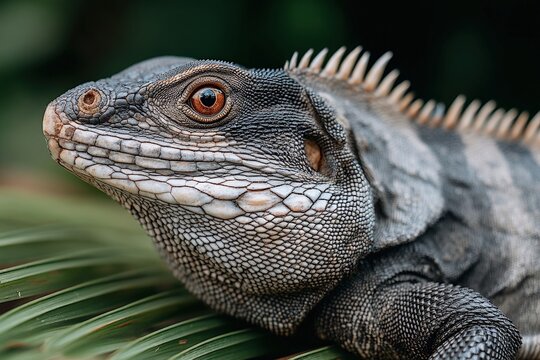 Dark brown lizard resting calmly on green leaf surface with rough skin texture and pointed spine silhouette captured in natural daylight in macro reptile wildlife photography - Powered by Adobe