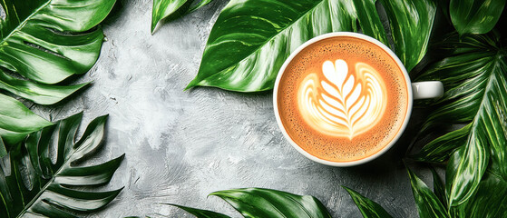 Beautiful coffee cup surrounded by lush green leaves creates serene atmosphere, perfect for relaxation and enjoyment. latte art adds touch of elegance to this minimalist setting