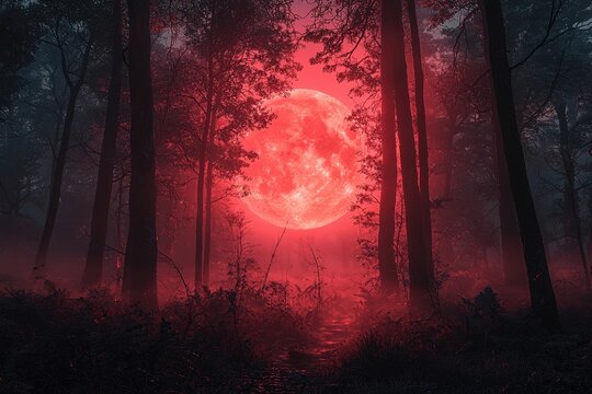 Blood Moon Forest Eerie Night in the Woods