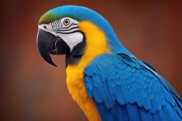 Fototapeta premium Side view of vibrant blue yellow macaw perched upright on warm background showing layered feather texture and focused eye in clear tropical bird profile wildlife image