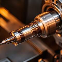 A close-up view of a precision metal component being machined, showcasing intricate details and metallic sheen in a manufacturing environment.