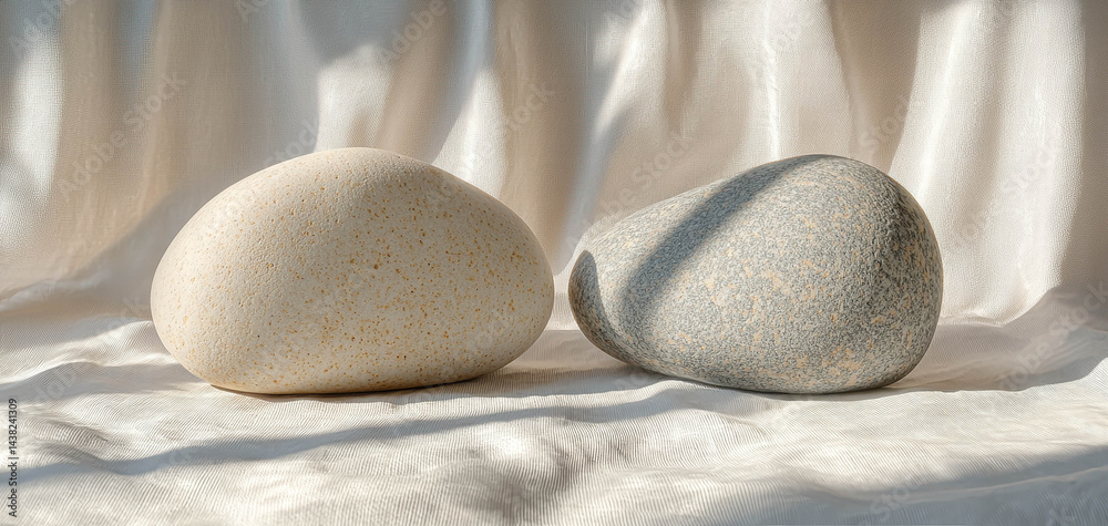 Aufkleber Two light stone shapes resting on soft fabric surface, illuminated by gentle sunlight, creating serene and calming atmosphere