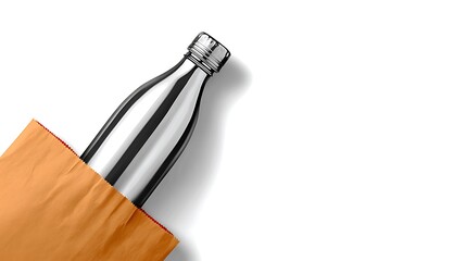 Metallic bottle in brown paper bag; white background. Space for copy