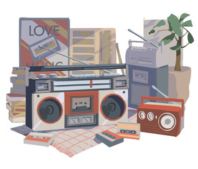 Fototapeta premium レトロな カセット テープ プレイヤー とラジオ の イラスト 赤 背景有り