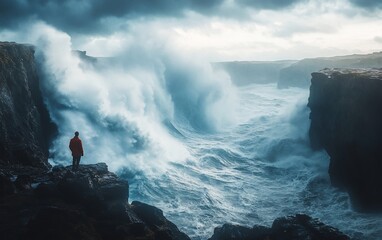 Lone figure in red watches immense waves crashing against cliffs