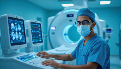 A young male radiologist, wearing a surgical cap and mask, intently analyzes MRI scans on a computer console in a modern, brightly lit radiology suite.