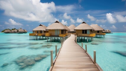 Fototapeta premium A wooden boardwalk extends through turquoise water,