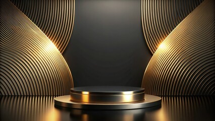 A black and gold podium with a minimalist circular design, surrounded by a swirling pattern of golden lines and a reflective surface