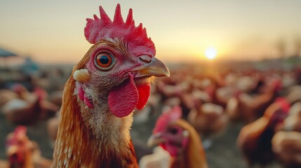 Rooster Crowing at Sunrise in Pastoral Farmland Landscape