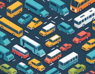 Isometric City Transportation Vector Illustration with Cars, Buses, and Trains for Urban Planning and Logistics Design.