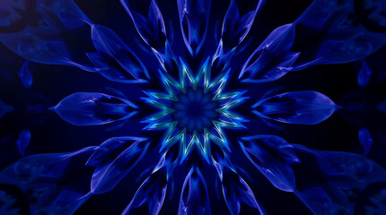 Naklejka premium a mesmerizing kaleidoscope of Bluebells flower petals arranged in fractal symmetry, glowing softly against a deep indigo void, subtle prism refractions, created b y generative ai